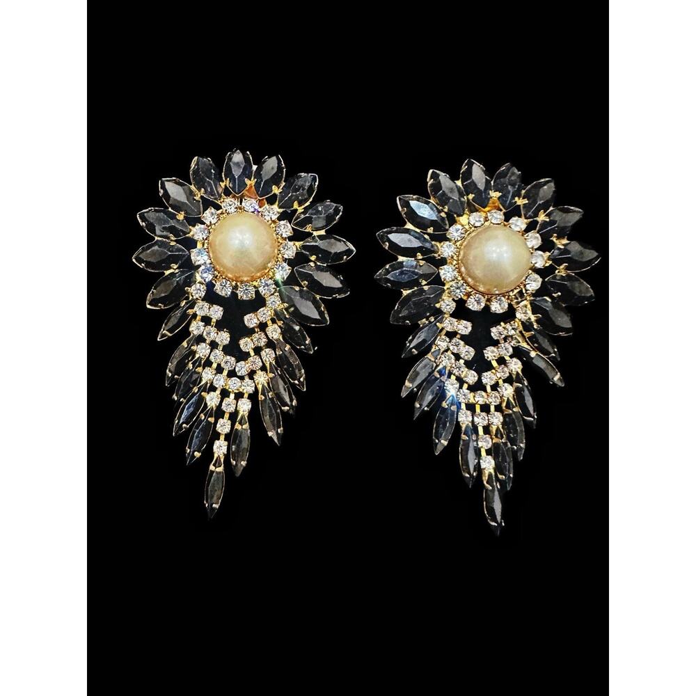Vintage Black Navette Rhinestone Dangle Earrings Faux Pearl Clip On Statement